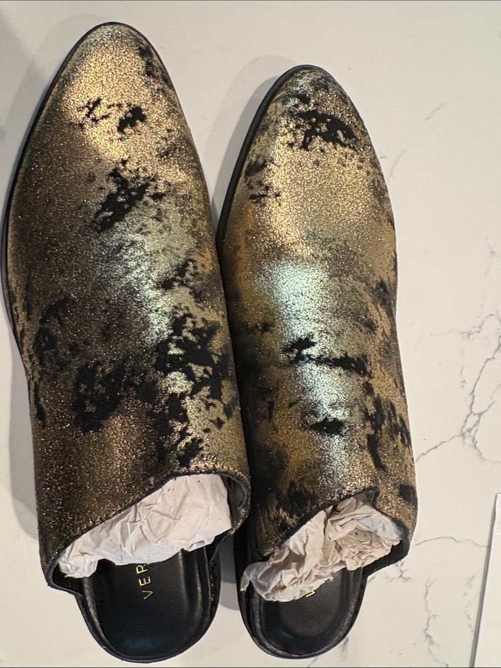 Very Volatile Metallic Gold and Black Slip-On Mules